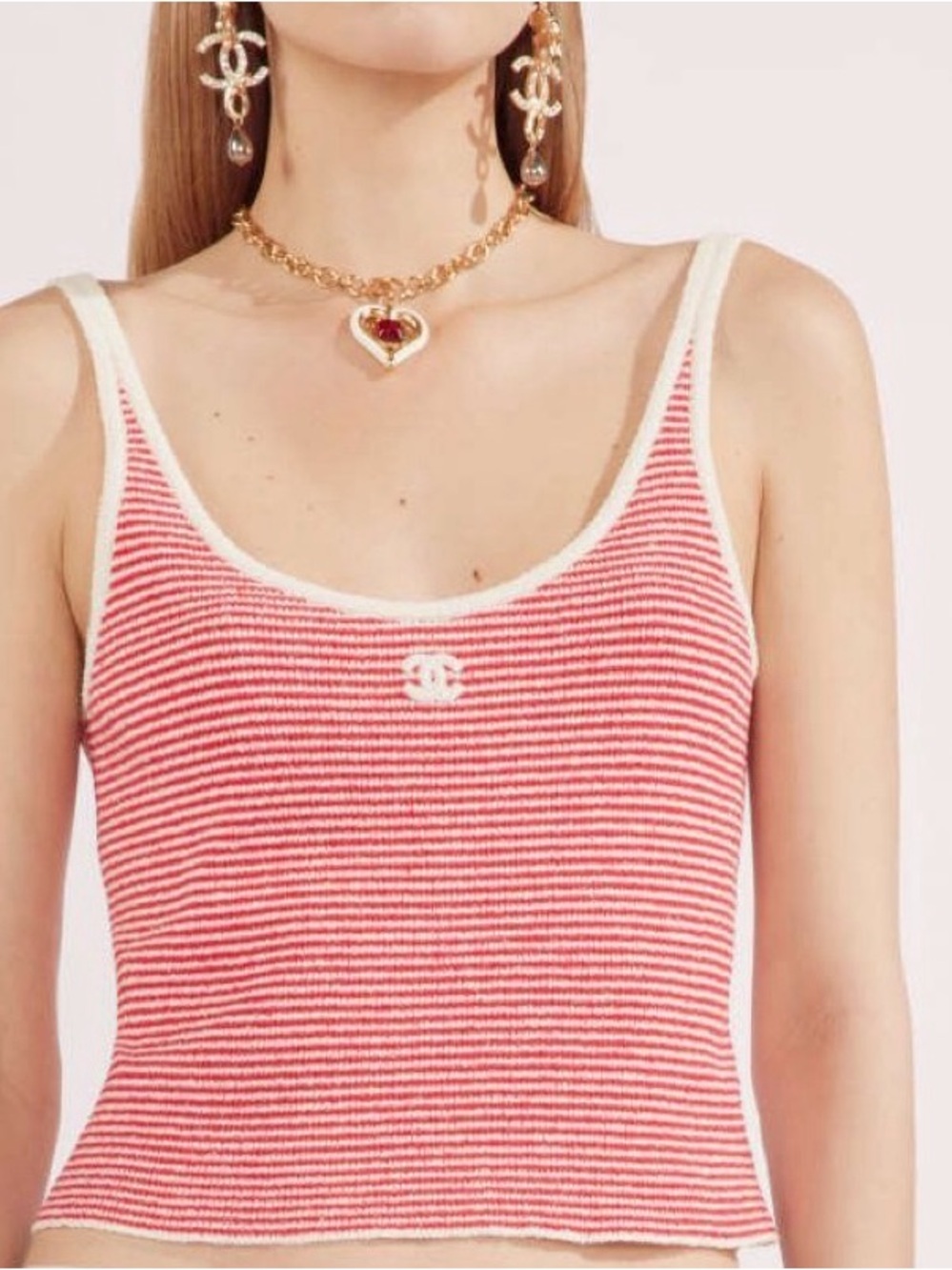 Auth Chanel 23C P74168 CC Logo Red White Tank Top - Sz. 36 - Picture 7 of 8